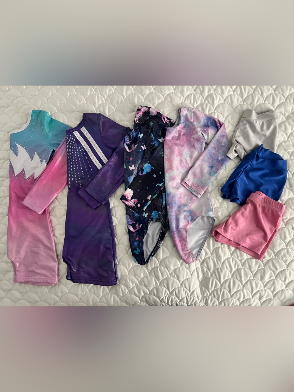 Lot of 4 Girls Colorful Gymnastics Leotard & 3 Shorts Bundle- Pink, Purple, Blue
